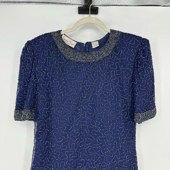 Vintage Laurence Kazar Silk All Over Beaded Mini Dress Size L Navy Cocktail - Picture 2 of 13